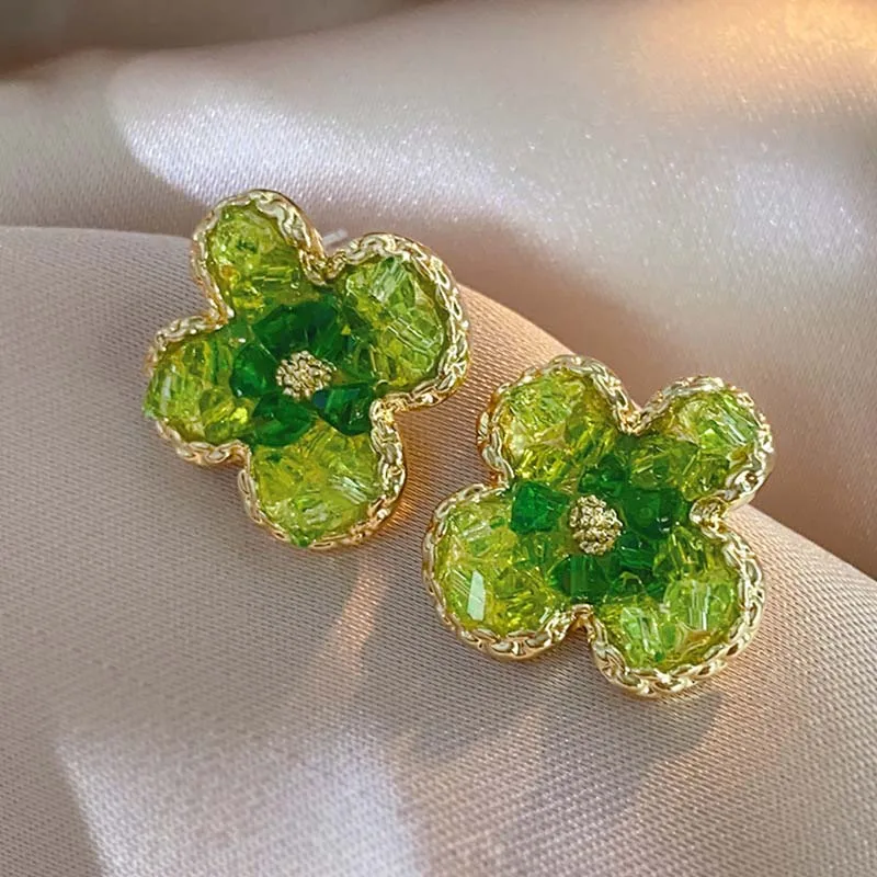 2024 New Korean Gradient Green Crystal Flower Stud Earrings for Women Luxury Zircon Irregular Temperament Earrings Jewelry Gifts