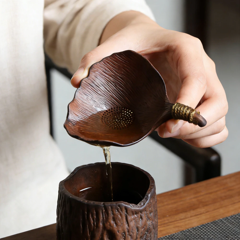 

Креативные аксессуары для чая в стиле ретро-деревенской керамики, фильтр для чая из состаренной глины в форме пня дерева с листом гинкго, заварочный чайник-инфузор с носиком