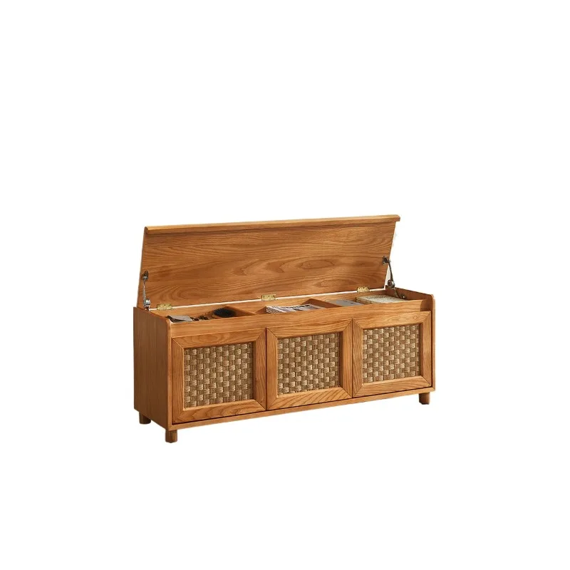 rattan shoe changing stool, solid wood rattan bench storage box at the door of the home, multi-functional entrance stool