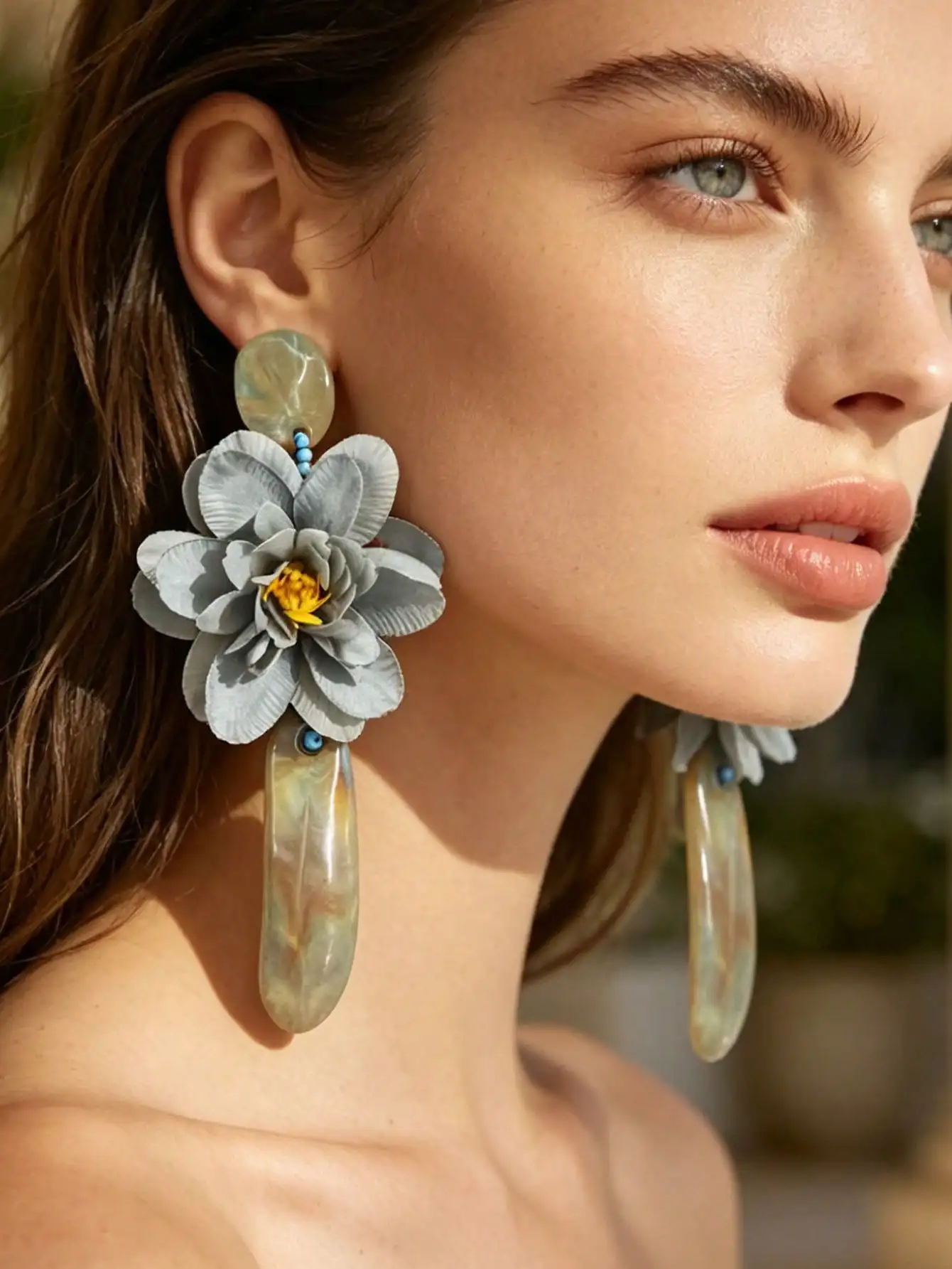 Handmade Gray Peony Floral Long Drop Earrings,Swirl Marble Resin Ear Stud Irregular Elongated Resin Pendant Statement Earrings