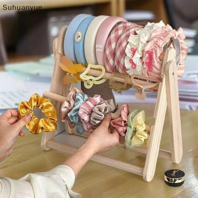 Wooden Headband Storage Rack Display Stand 2 Layer Home Use Hair Accessories Jewelry Headwear Exhibition Rack Jewelry Storage