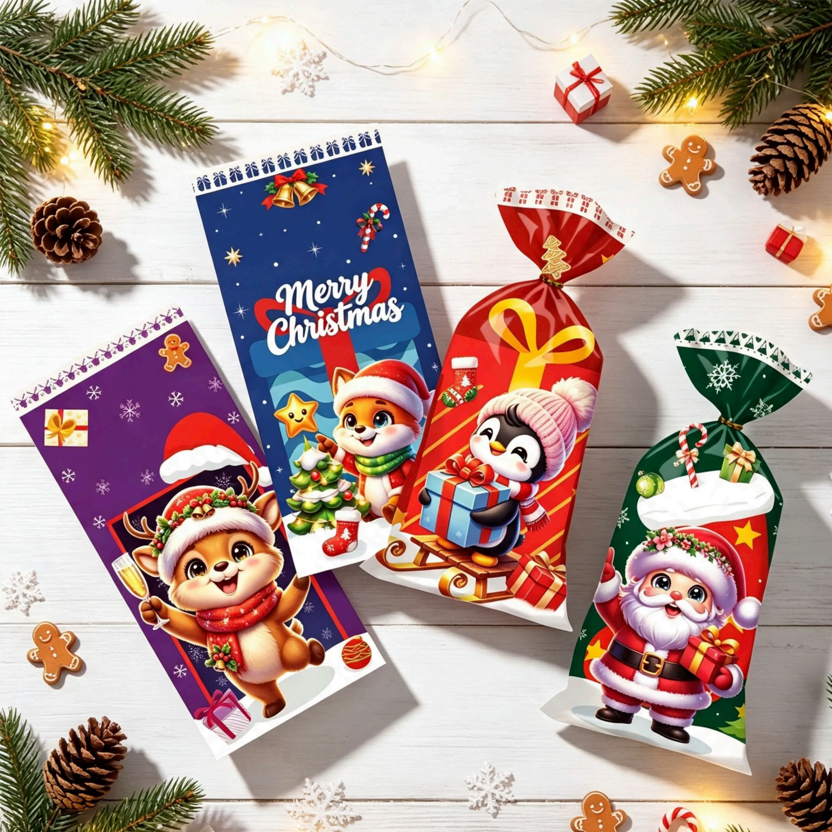 50 Pieces Christmas Gift Bags, Christmas Themed Party Gift Bags, Plastic Opp Packaging Bags, Christmas Party Decorations