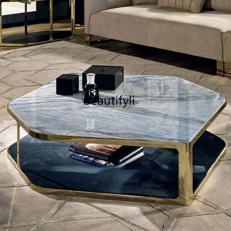 

yj Stainless Steel Coffee Table Beautiful Marble Square Table Gold-Plated Decorative Several Hong Kong Style Tea Table