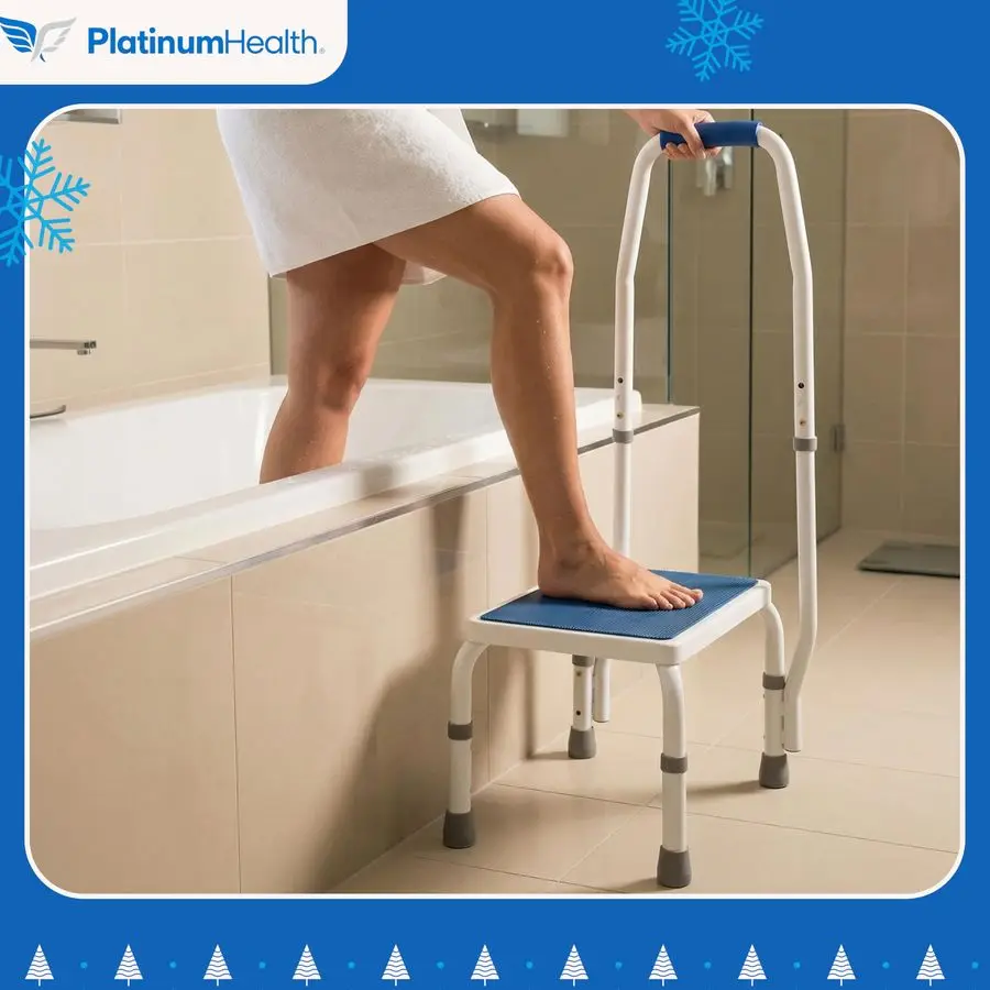 مسند قدم فاخر من AdjustaSteptm مع درابزين بمقبض، ارتفاع قابل للتعديل. 2 منتج في 1. التصميم الحديث الأبيض والأزرق. با #5