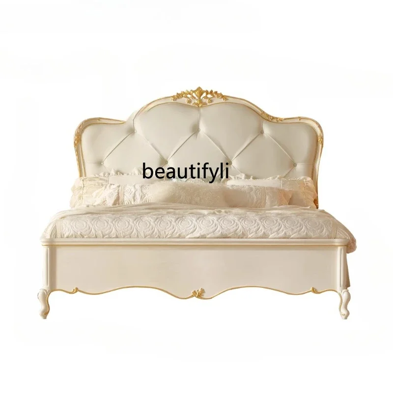 

ss7486 Pastoral retro-style leather solid wood bed European-style carved villa large flat master bedroom daughter bed