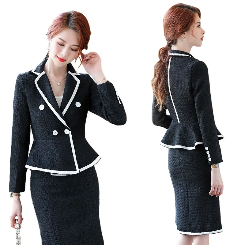 Black White Patchwork Office Lady French Two Piece Suit Women Long Sleeve Double Breasted Short Blazer + High Waist Midi Skirts