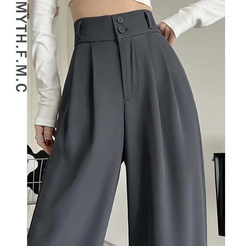 Women's New 2024 Petite High-Waisted Draped Black Straight-Leg Pants Simple Versatile Spring Autumn Student Bottoms