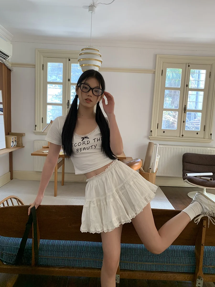 

Белая кружевная юбка А-силуэта с завышенной талией, женская летняя новинка, укороченная, стройнящая, для повседневной носки, простая и элегантная