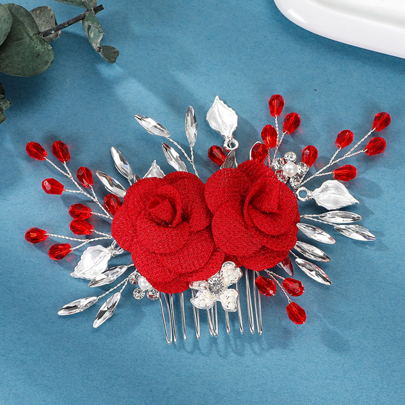Red Flower Hair Combs for Bride Chinese Wedding Hair Jewelry Handmade Beaded Hairpins Side Clips Women Girls Party Hair Jewelry
