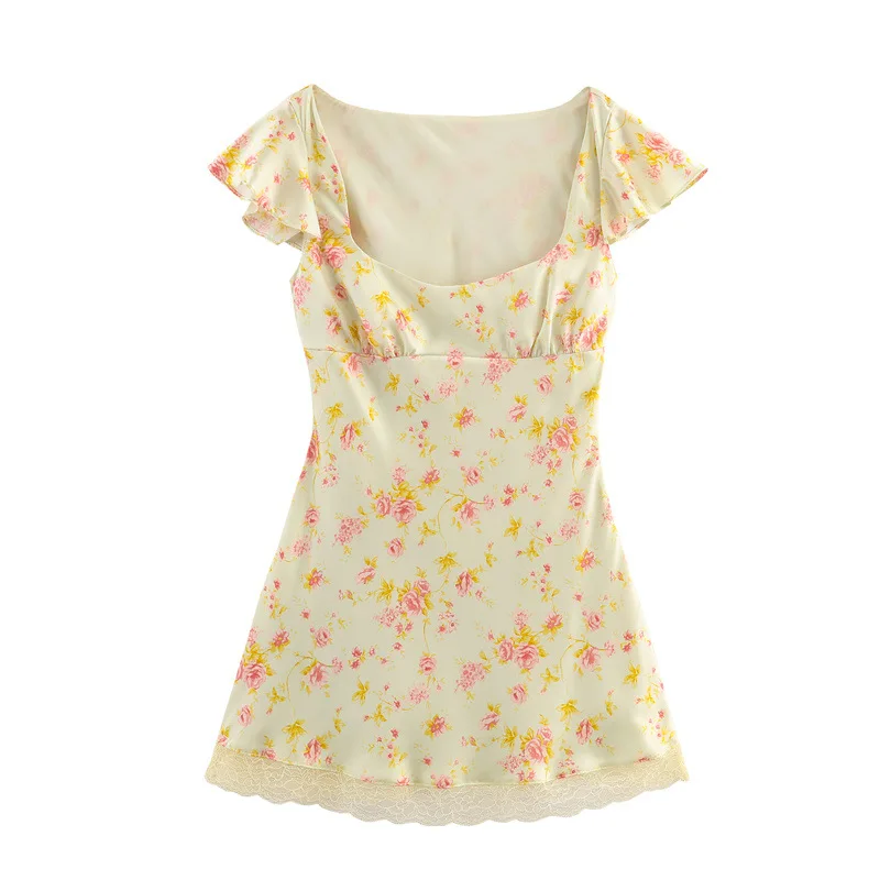 Nuovo abito corto senza maniche con trama in raso di seta a fiori da donna