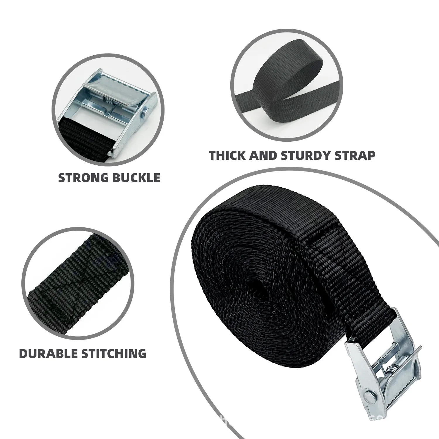 Black Buckle Tie-Down Strap Strong Ratchet Belt with Metal Buckle for Cars Motorcycles Bicycles Tow Rope for Luggage Bags