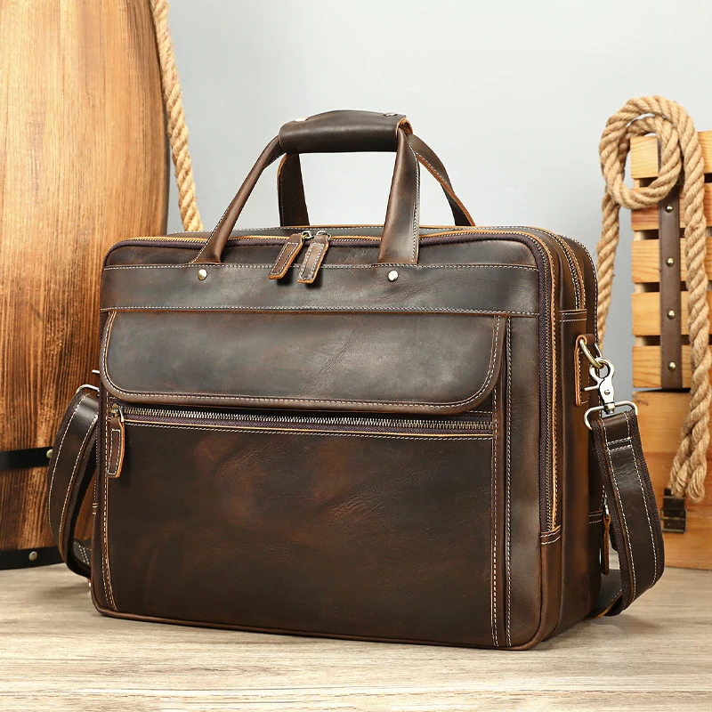 Retro Wild Horse Leather Men's Briefcase High-End Top-grain Cowhide Handbag Men's Wild Horse Leather Briefcase Collection
