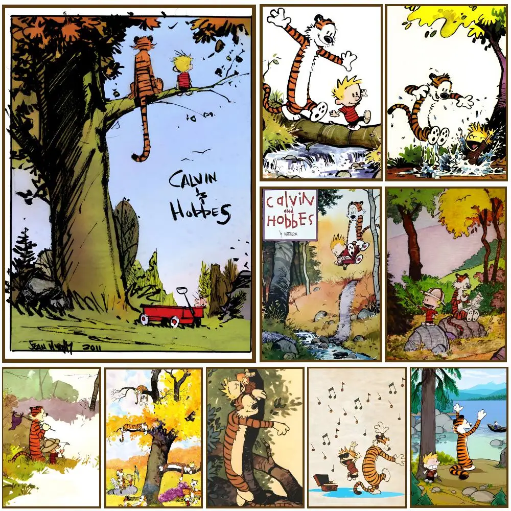 Calvin And Hobbes Cartoon Warm Poster Self-adhesive Living Room Bedroom Party Bar Decor Moisture-proof Fade-resistant HD