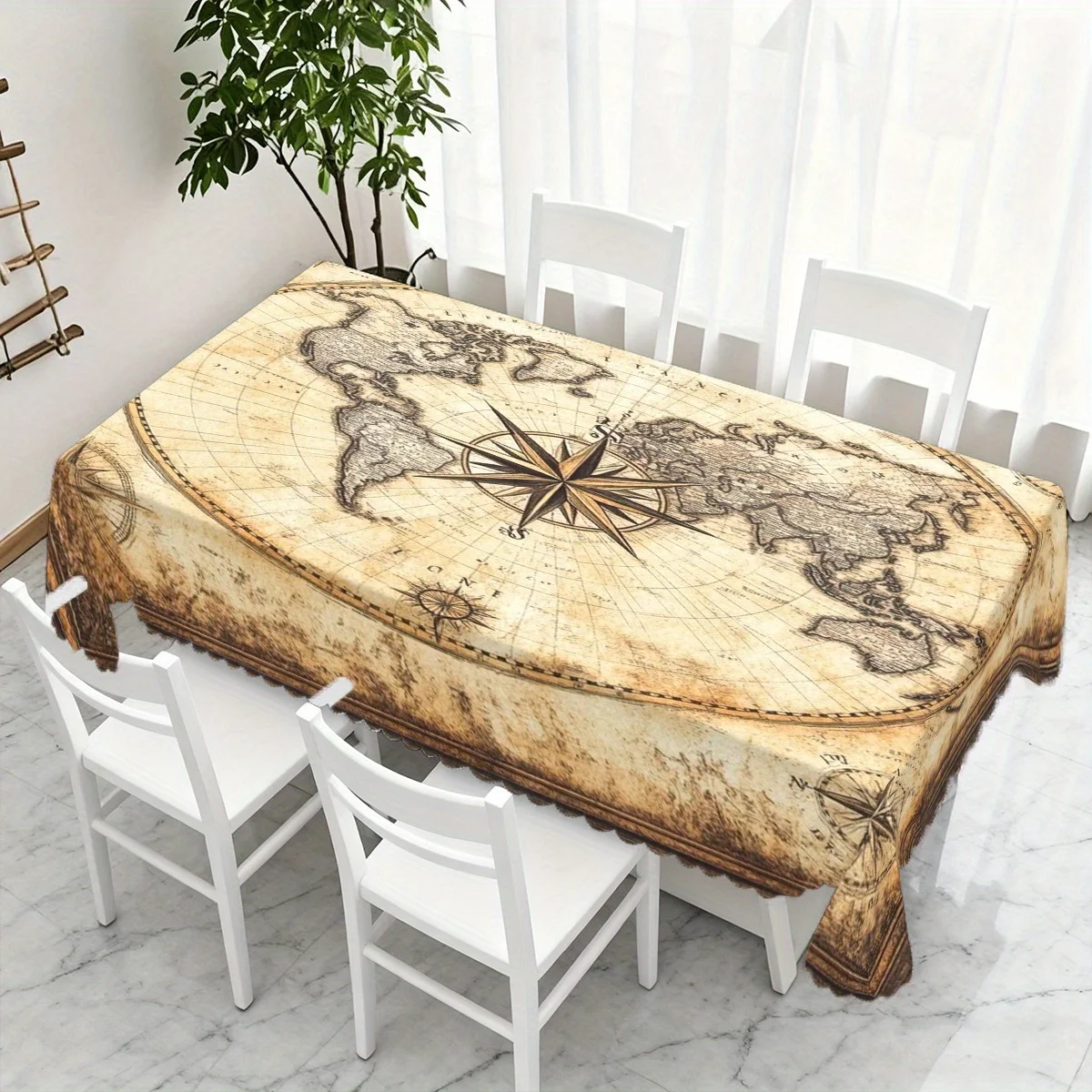 Antique Nautical World Map Compass Print Waterproof Tablecloth, Rectangular Cover for Indoor Dining Table Home Decoration
