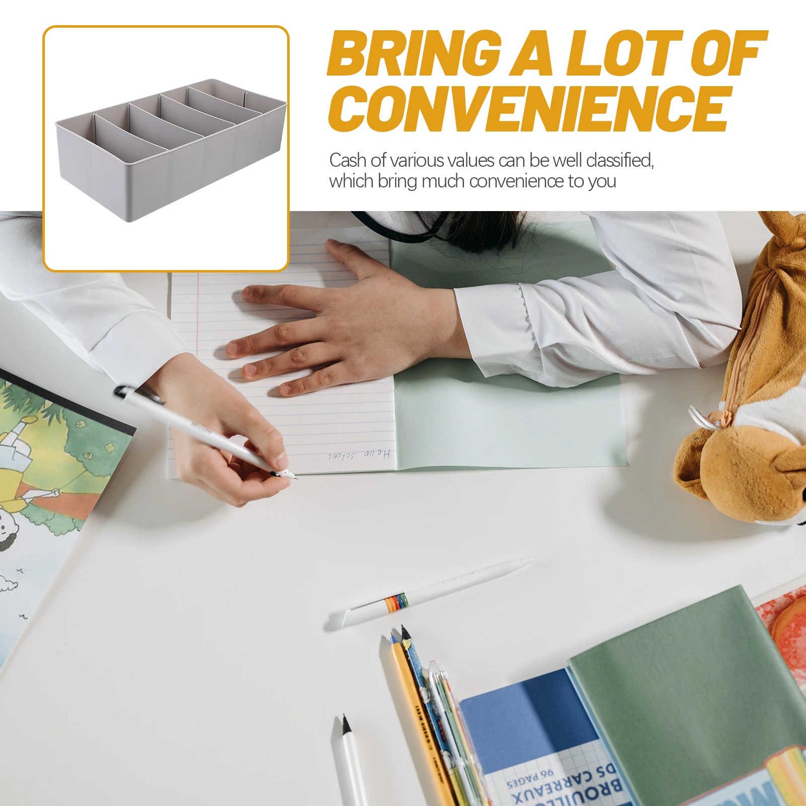 

Grey 5-grid Coin Storage Box for Desk Multi-functional Compartments Bills Checks Cards Cash Drawer Tray Money Tray Storage Box