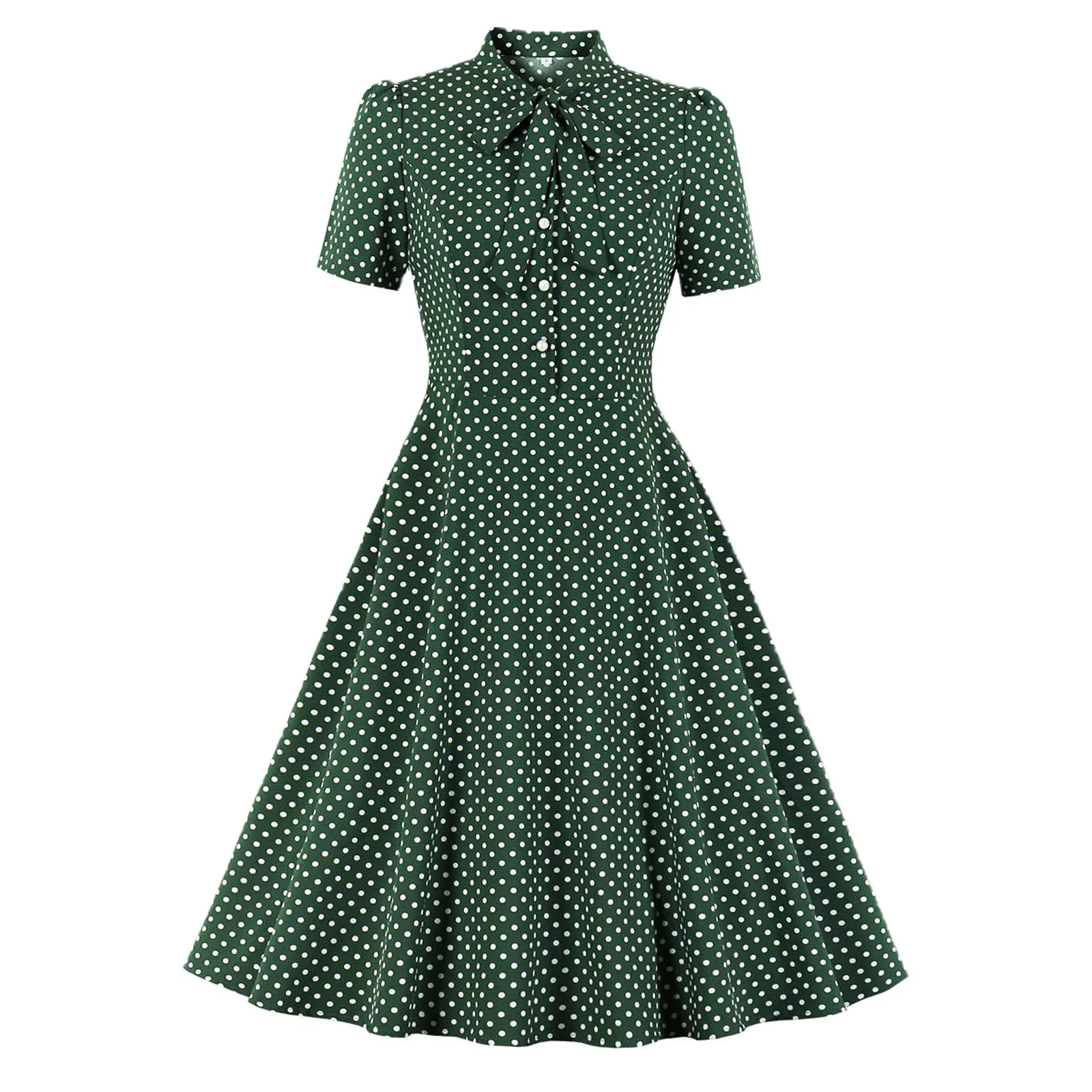 

Summer Fashion Dot Printed Long Dress Women Summer Turndown Collar Short Sleeve A-Line Dress Ladies Button Slim Waist Dresses