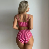 Women Sexy Slim Plaid Two Pieces Swimsuit High Waisted Bikini Swimwear 2024 Bikini Sets Size S-3XL Rose Red/Black/Blue/Sky Blue - Image 5