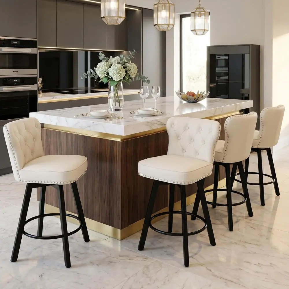 

Height Bar Stools Set of 4, 26 MidCentury Swivel Bar Stool with Metal Base for Kitchen Island, Rivet Armless Faux PU Leather Ba