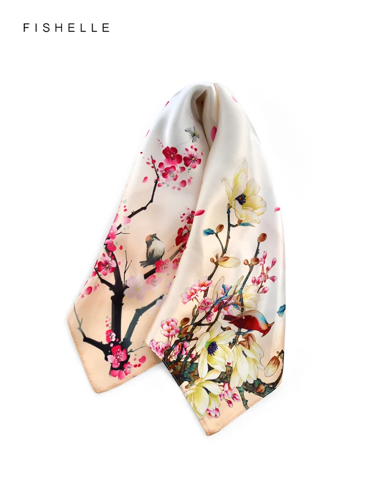 Chinese style flower bird painting natural silk small square handkerchief real silk scarves women\'s scarf neck scarves woman