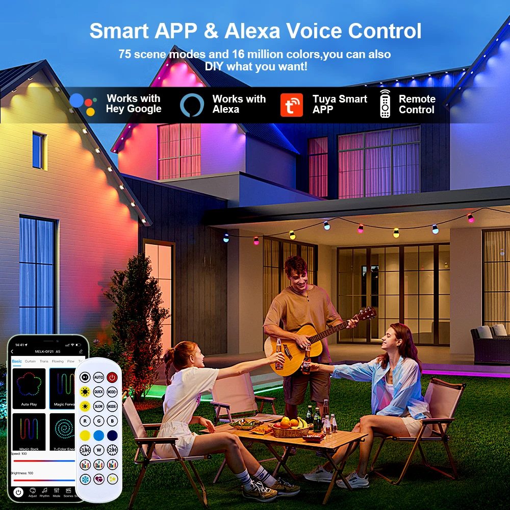 RGB Smart Eaves Light Waterproof Permanent Outdoor Light IP67 Colorful DIY Scene Eave Wall String Lights with APP Remote Control