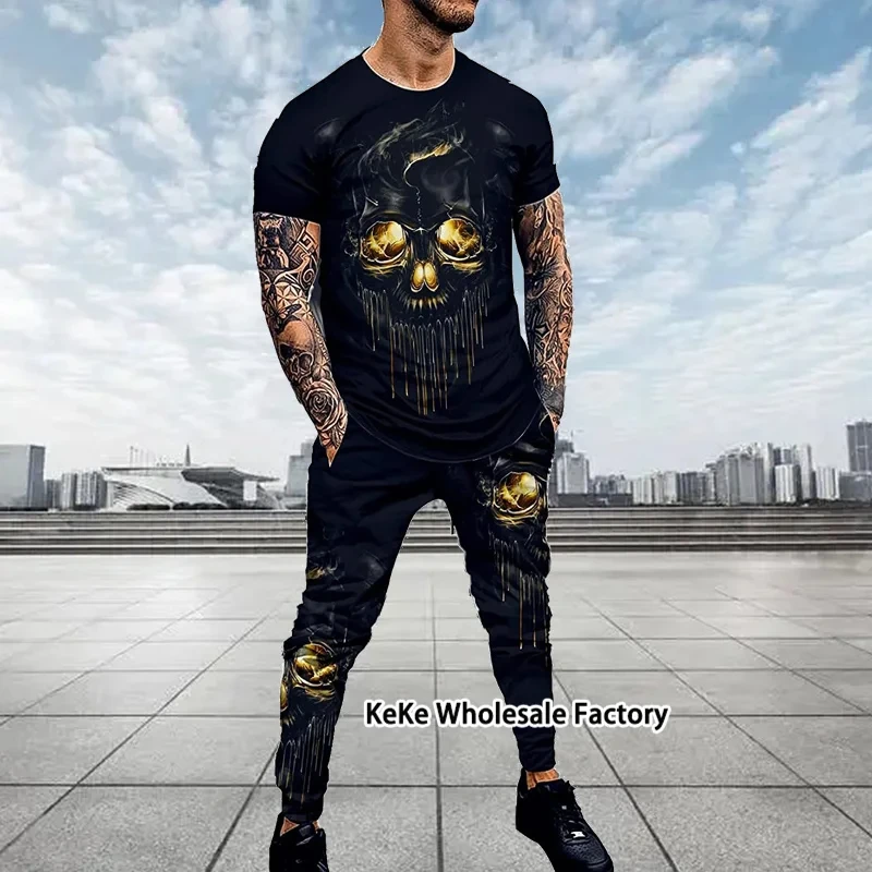 Men T-shirt Trousers Sets Tracksuit Skull 3D printed 2 Piece Outfits Man Sportswear Short Sleeve Streetwear Long Pants Set