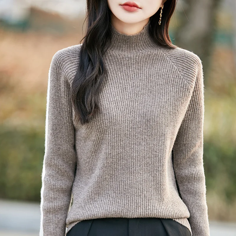 

Полосатый осенне-зимний новый стиль, пуловер из 100% мериносовой шерсти, женский свитер с половиной шеи, модная теплая вязаная верхняя рубашка с базовым слоем