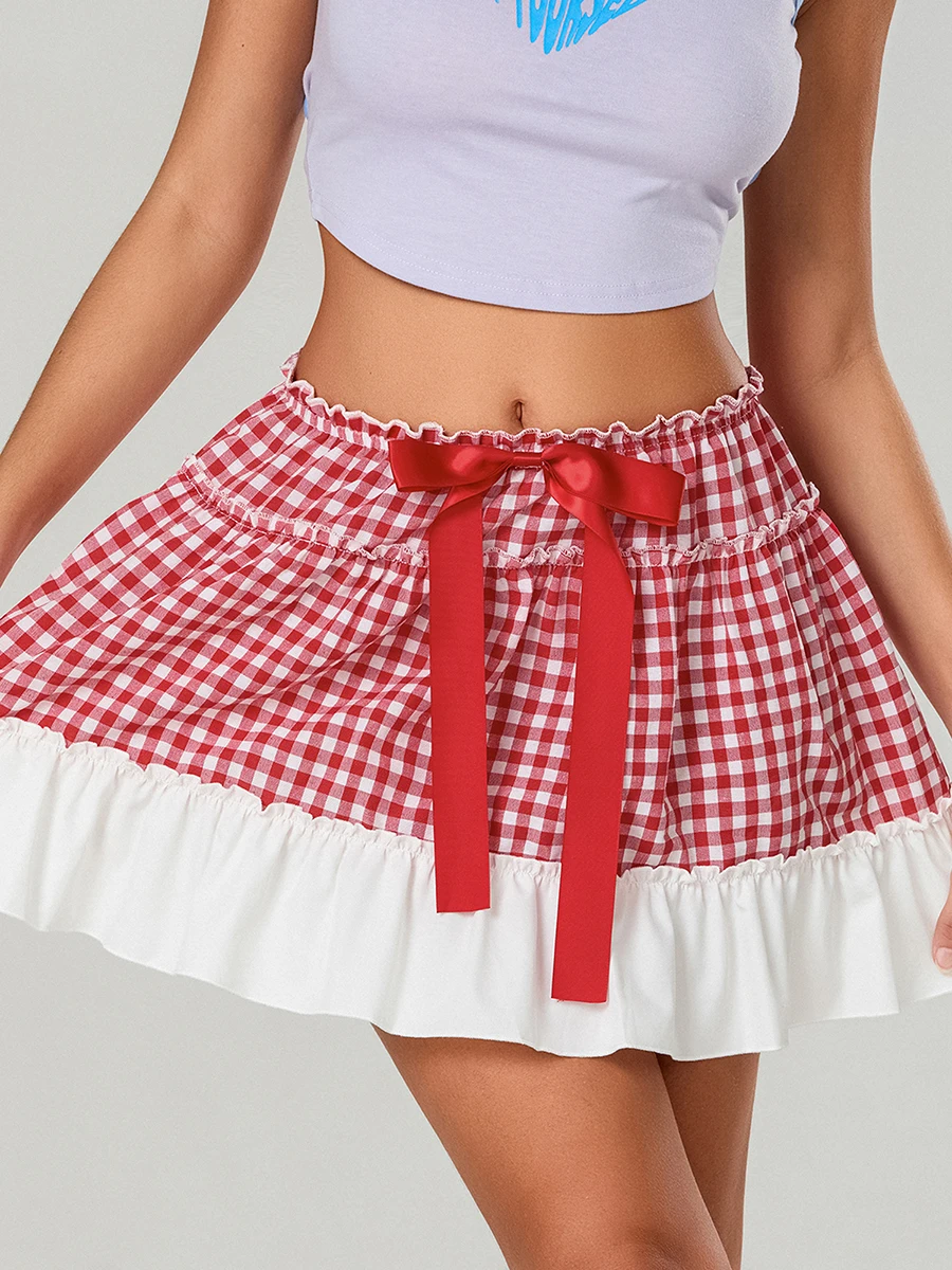 New Women Summer Mini Skirts Casual Plaid Print Ruffled A-Line Skirt For Beach Vacation Club Streetwear Aesthetic Clothes S-XL