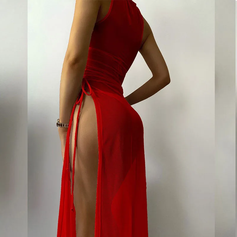 2026 Women's 3 Piece Solid Red Micro Bikini Set Sexy Sheer Mesh Split Dress Cover Up High Waist Swimsuit Multi Colors Beachwear