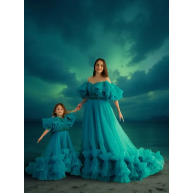 Mother-Daughter Matching Tulle Dresses with Ruffled Train-Plus Size Photoshoot Gowns for Family Photography and Special Occasion