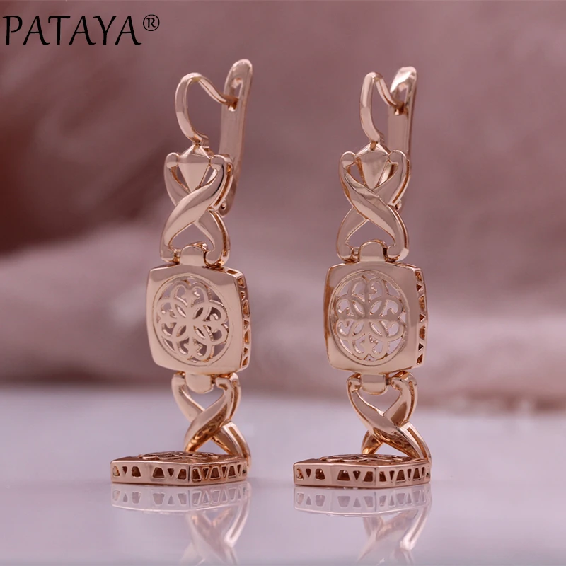 PATAYA Hot Fashion 585 Rose Gold Color Long Drop Earrings for Women Unique Natural Zircon Accessories Jewelry