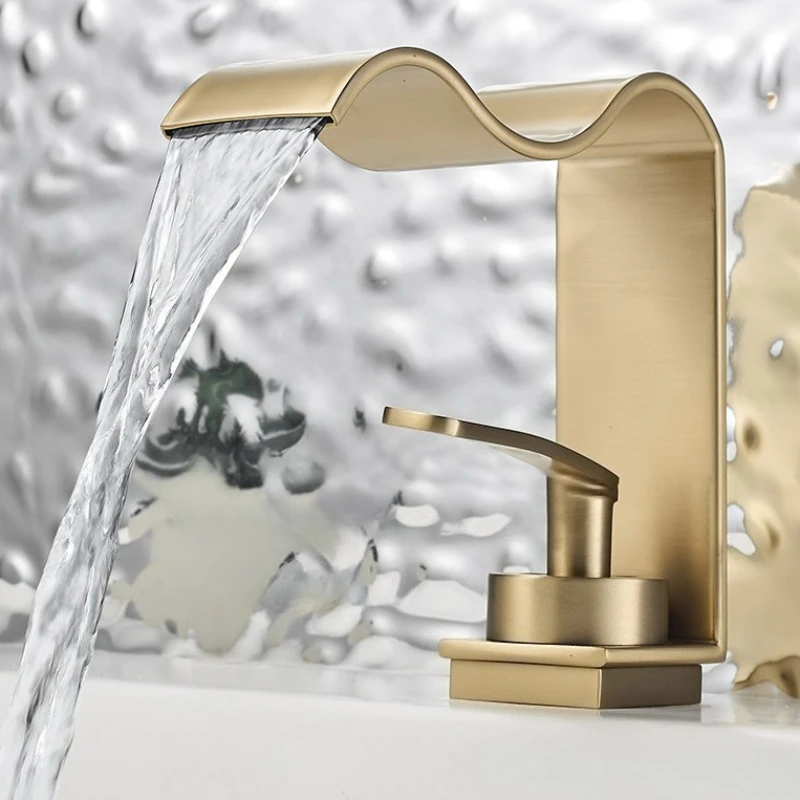 Basin Faucet Waterfall Black with Brushed Bathroom Basin sink Faucet Cold and Hot Water Mixer Single Handle Bathroom Taps
