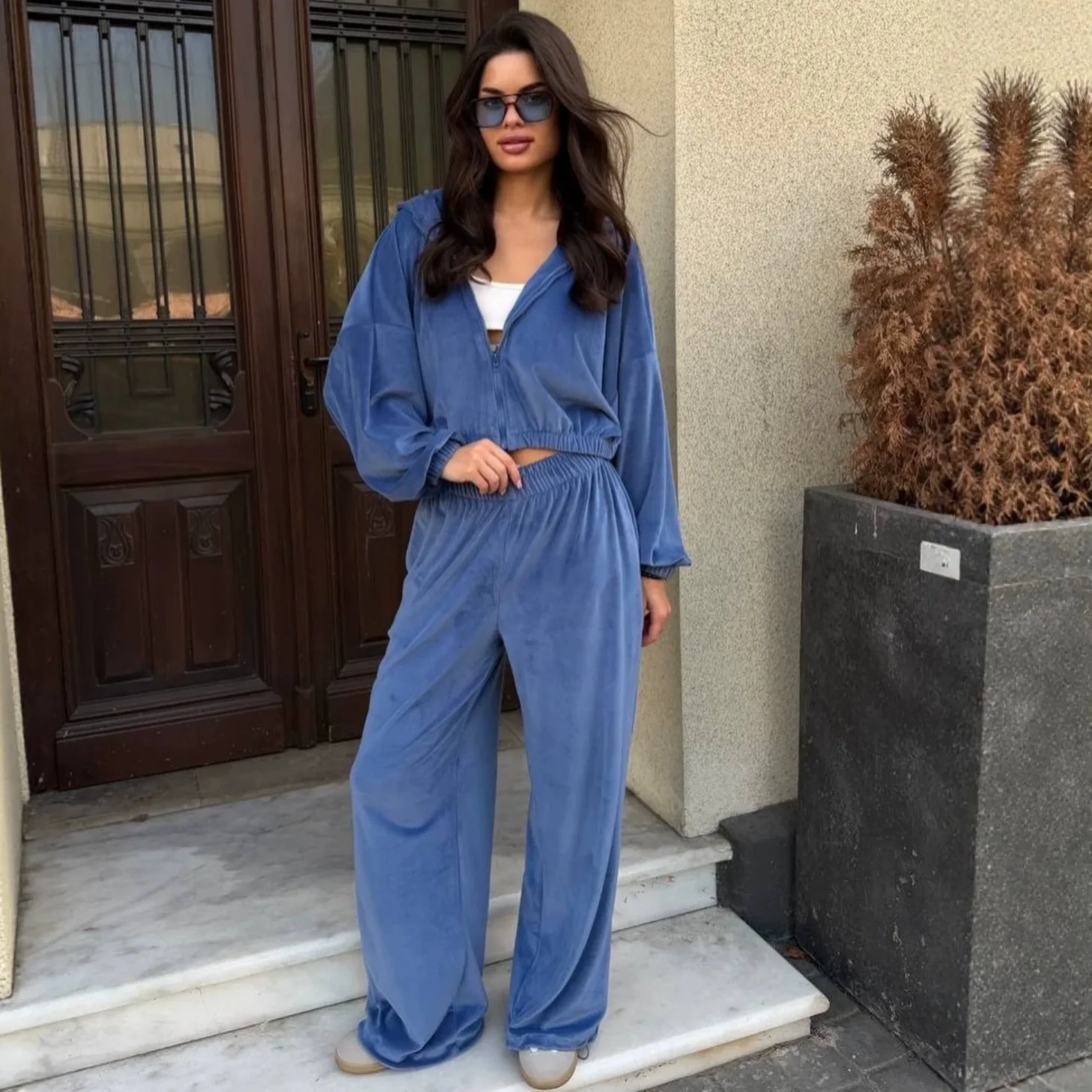 New European And American Casual Women's Suit Solid Color Long-sleeved Zipper Cardigan Jacket Sweatpants Two-piece Set