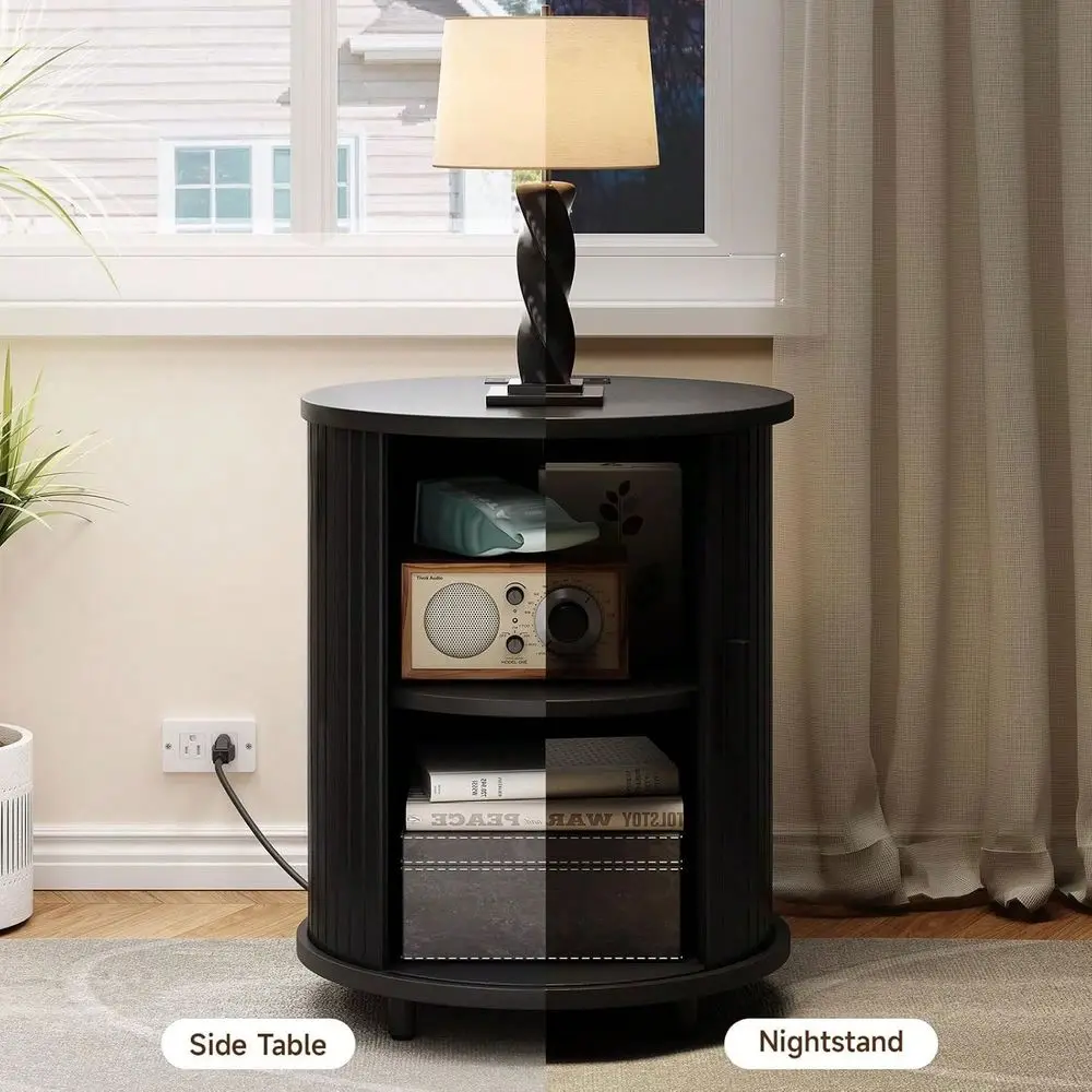 

Fluted Round End Table Set Of 2, Mid Century Bedside Table With Sliding Door 2 Tier Storage, Modern Nightstands Set Of 2 For Li