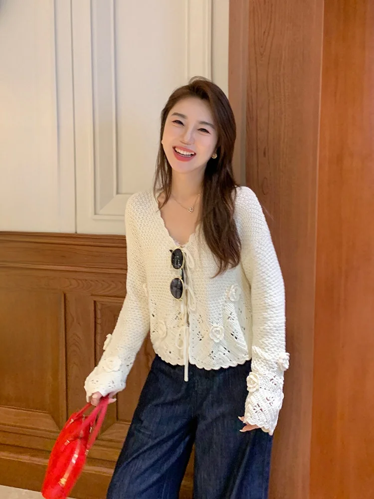 

Вязаный крючком кардиган Cheeseandkisses Original Super Heavy с объемными цветами, 3D-цветами, вязаная кофта Lazy Sle из хлопка, длинный рукав