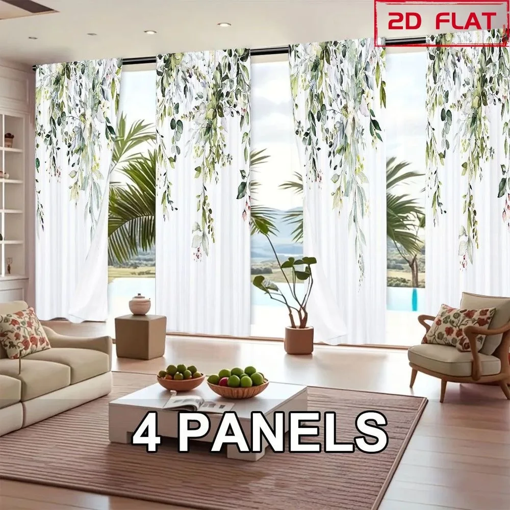 2D Flat 4pcs Green Leaves Curtain Slats, Rustic Floral Botanical Pattern Sheer Window Drapes for Living Room, Bedroom