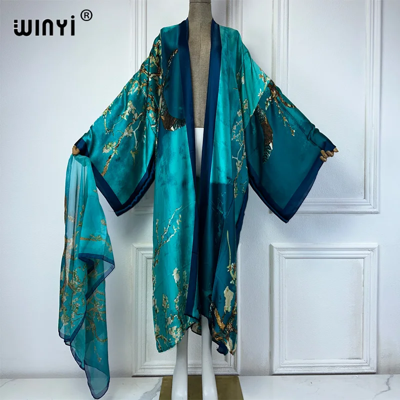 Winyi Kimono Vrouwen Zomer Fashion Print Lange Mouw Vest Vrouw Losse Abaya Casual Strand Cover Up Boho Jurk Met Sjaal