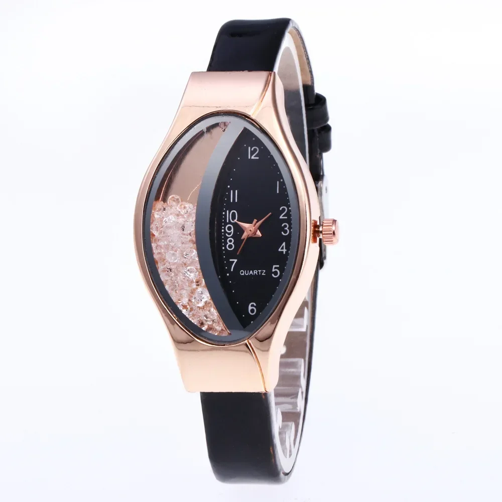 Unique Ladies Quartz Movement Watch Oval Half Moon Dial Half-side Rhinestone Ball Quicksand Design Gift for Woman Leather Strap