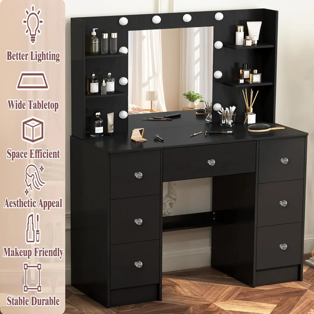 مكتب زينة فاخر أسود كبير 55 بوصة ارتفاع مع مرآة وأضواء، 7 أدراج، 6 أرفف مكياج كبيرة، 10 لمبات، 3 أوضاع #5