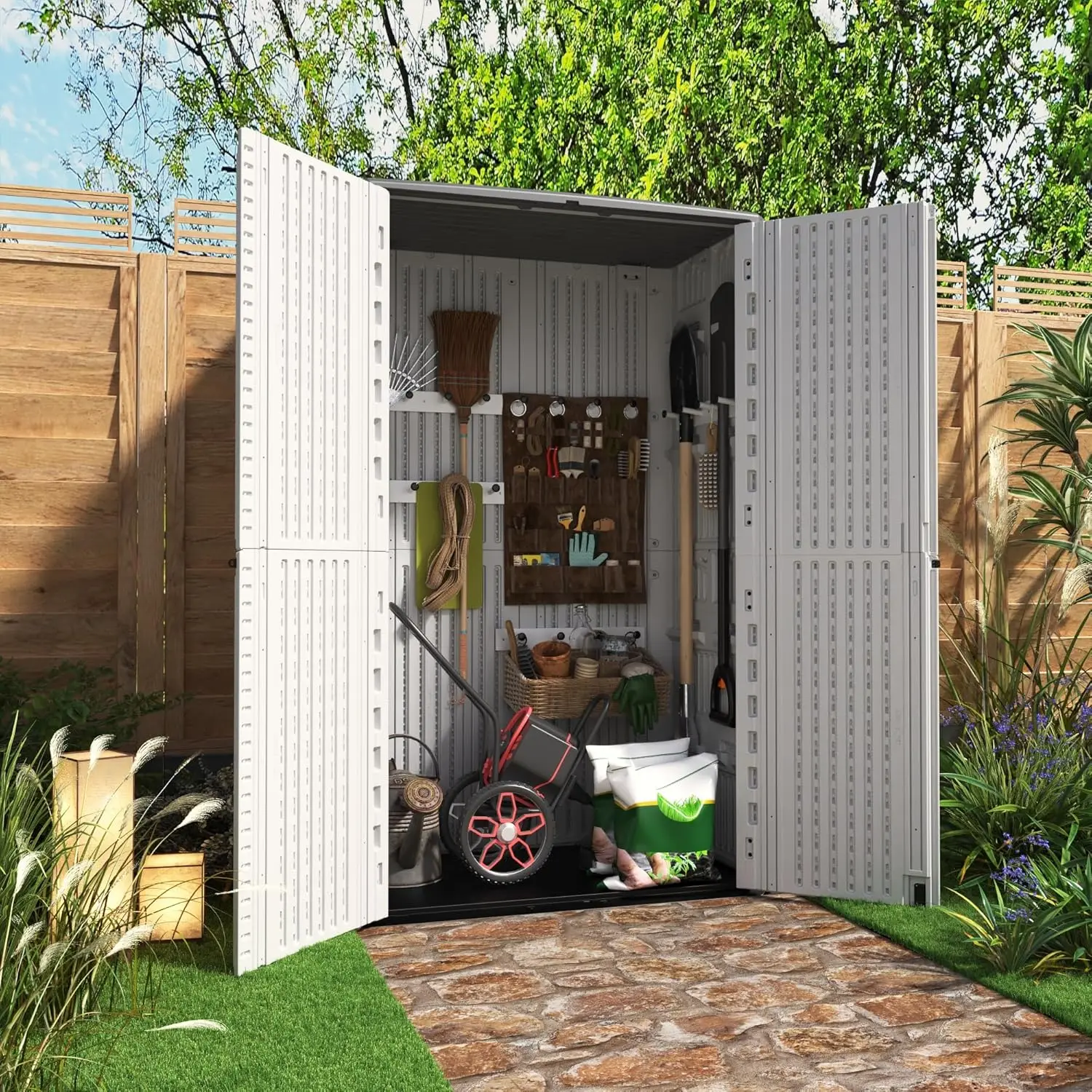 #Outdoor Storage Cabinet Waterproof, Resin Vertical Outdoor Storage Shed for Patio Furniture, Garden Tools, Pool, Customized