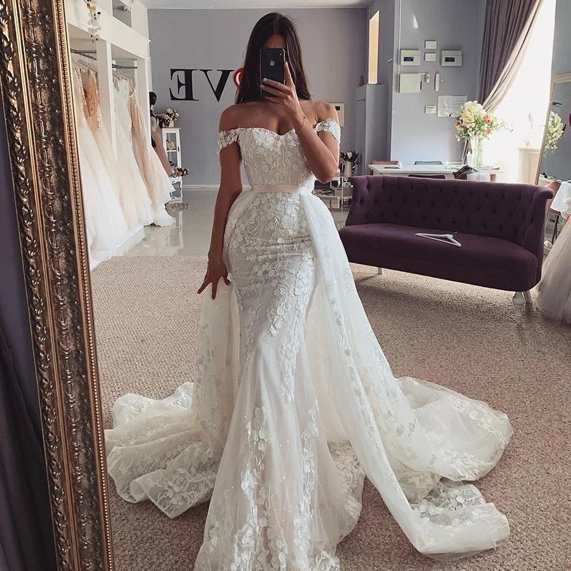 Detachable Mermaid 2 In 1 Wedding Dress Embroidered Lace On Net With Ball Gown Sleeveless Heart Neck Customized Vestido De Novia