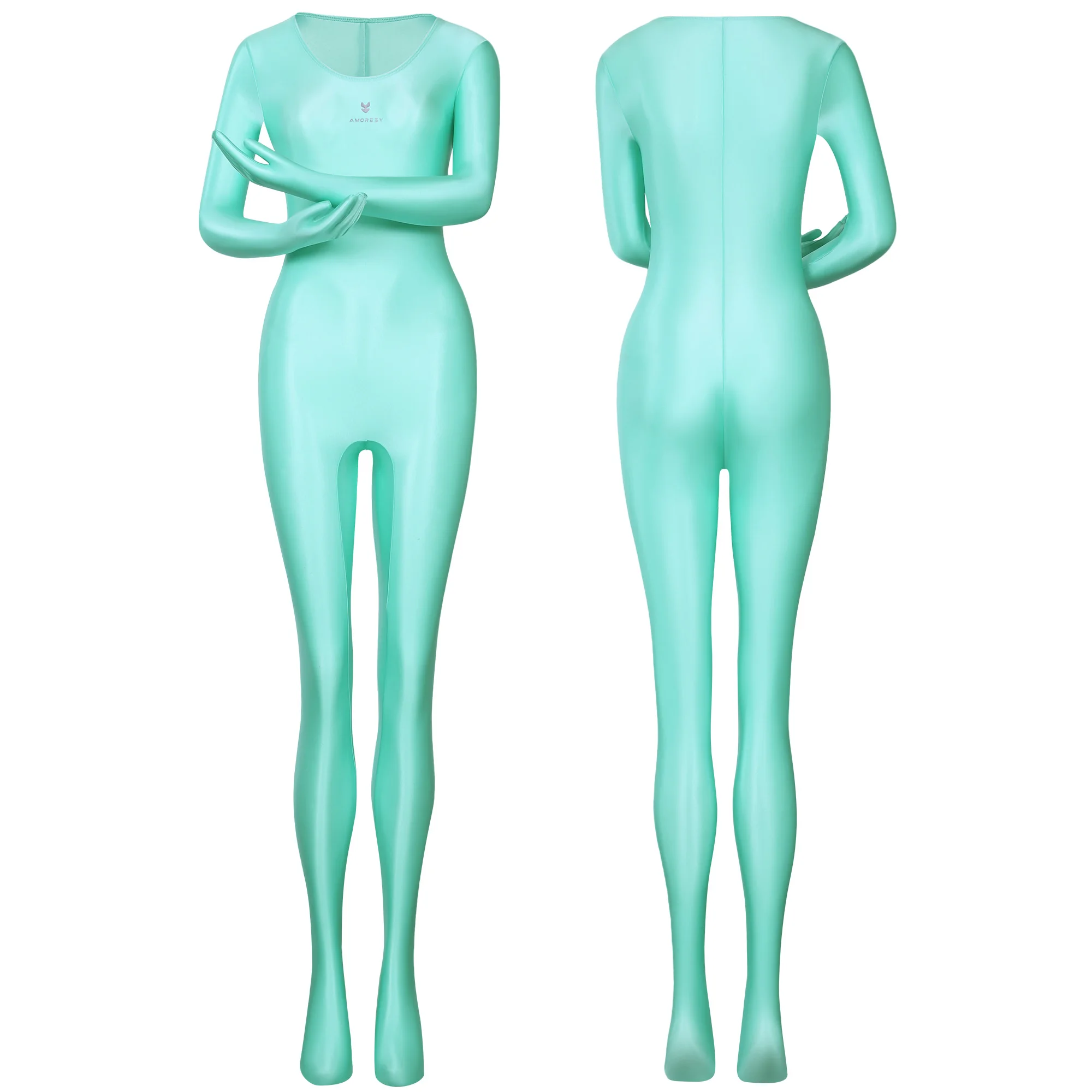 AMORESY dünner, glänzender, ölig glatter, farbenfroher Ganzkörper-Jumpsuit, einfarbig, Rundhalsausschnitt mit Handschuhen, lange Ärmel, Strumpfhose – Detail 8
