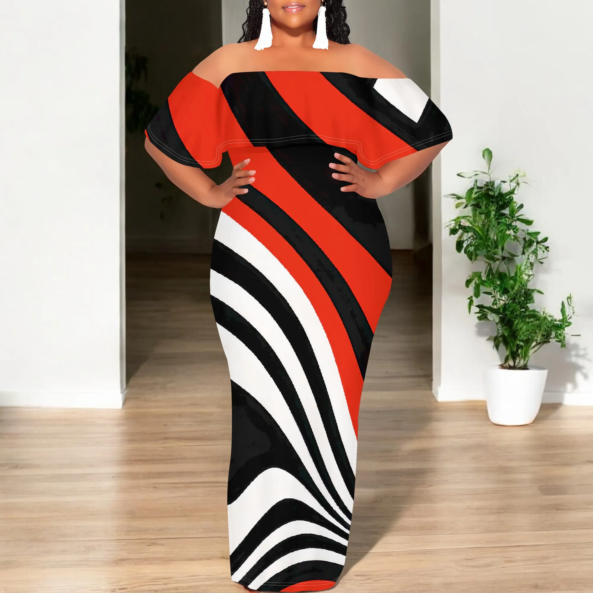 

Red Black Wave Stripe Maxi Dress S‑3XL Off Shoulder Bodycon Style for Art Show, Summer Party or Bold Streetwear Look