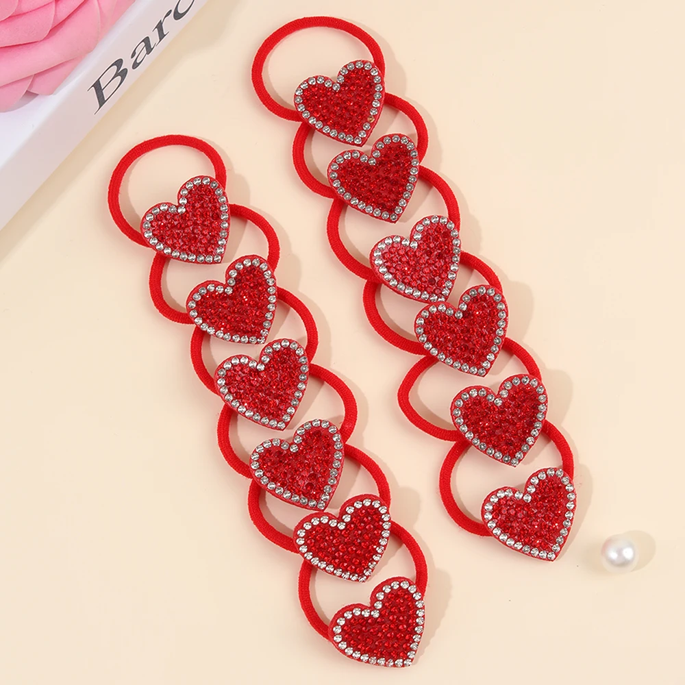 12Pcs Sparkly Rhinestone Hair Ties Valentine'S Day Themed Heart-Shaped Hair Accessories Adorable Cute Red Crystal Hair Ropes