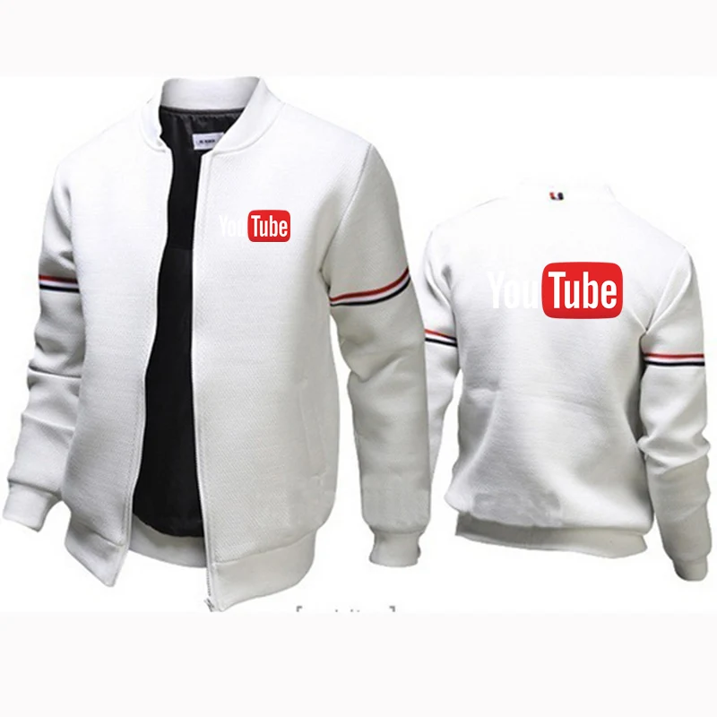 2024 Spring Autumn Men's Funny Youtube Logo Print Outdoor Casual Round Neck Loose Sports Long Sleeve Cardigan Zipper Jacket Coat