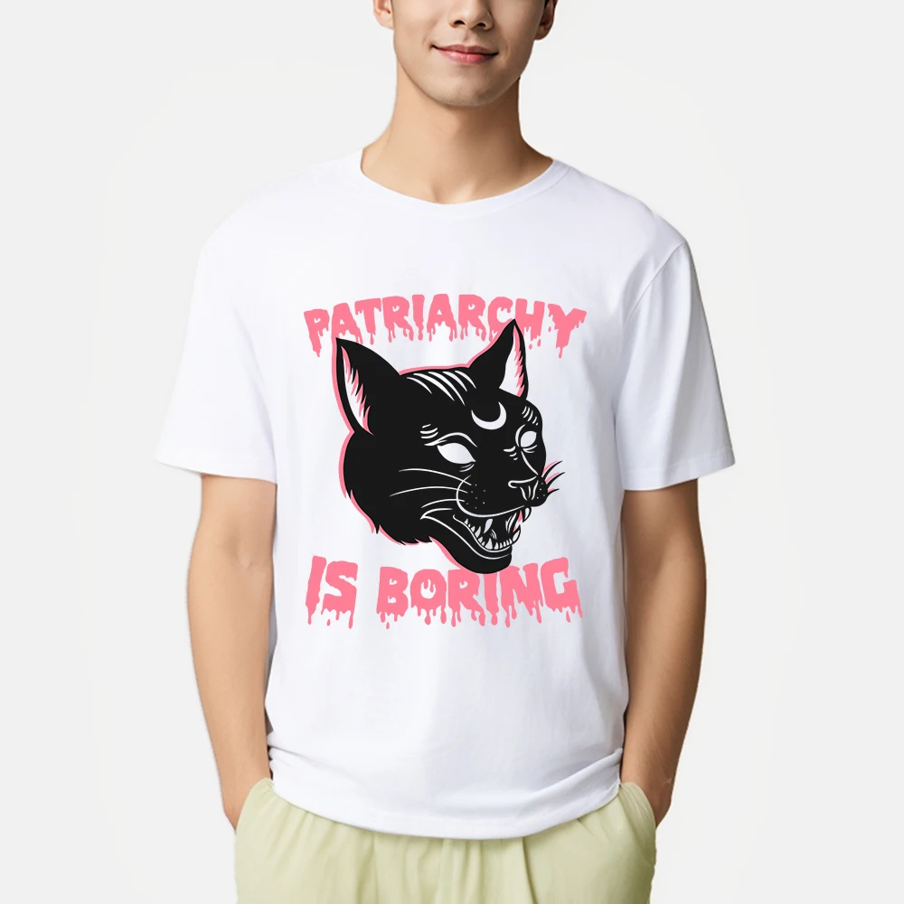 

Patriarchy Is Borinc Black Cat Prints Men T-Shirt Hip Hop O-Neck Short Sleeve All-Match Cotton T Shirt Oversized Summer Top