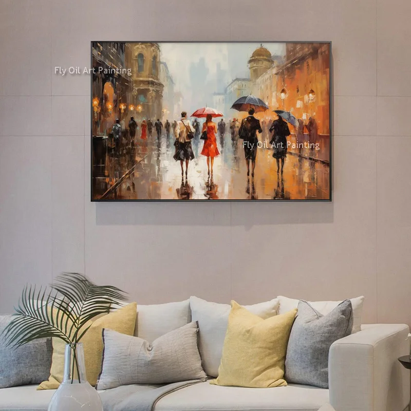 Rain Day Street Scene Oil Painting Impressionism Canvas Painting Hand Painted City Art Urban Modern City Wall Art For Home Decor