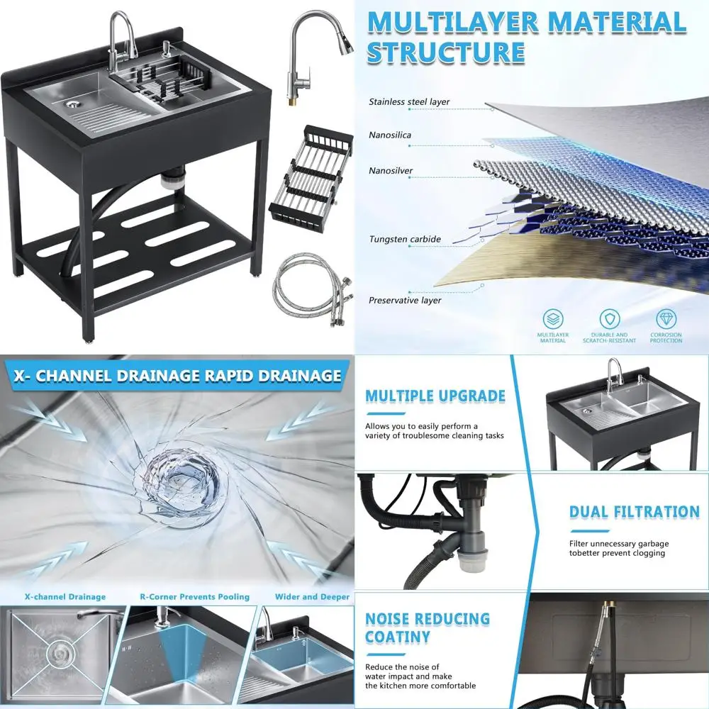 

Commercial Kitchen Stainless Steel Utility Sink, Single Bowl with Pull-Out Faucet, Cold & Hot Water Options, Ideal for Large Kit