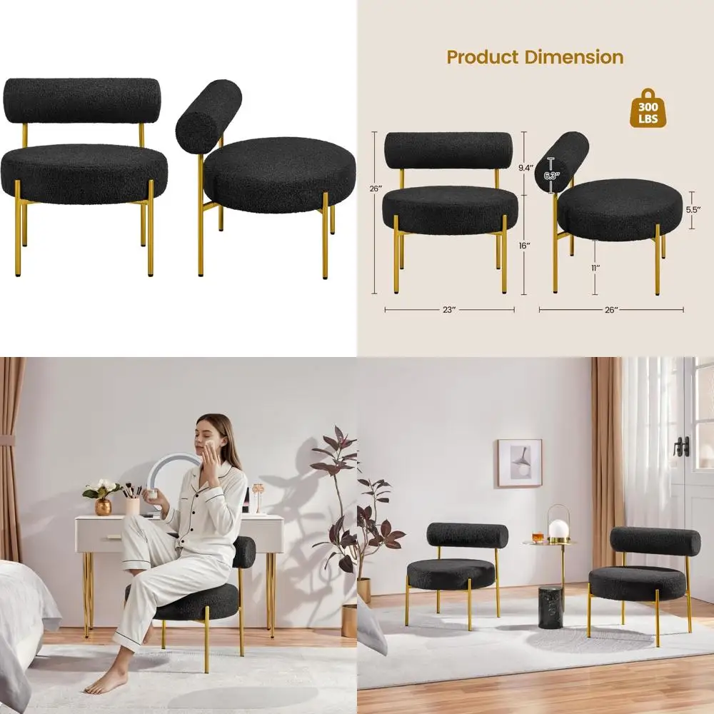 

Modern Vanity Chair, Boucle Fabric Accent Chair with Gold Legs for Living Room and Makeup Room, Set of 2, Black
