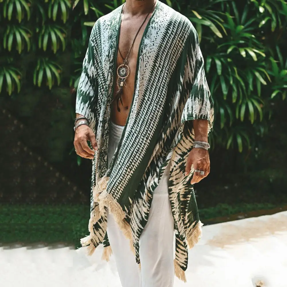 Beach Cloak Men Irregular Print Cape With Fringe Edges Tulum Loose Fit Outdoor Beach Shawl Reversible Casual Cape Long Cardigan