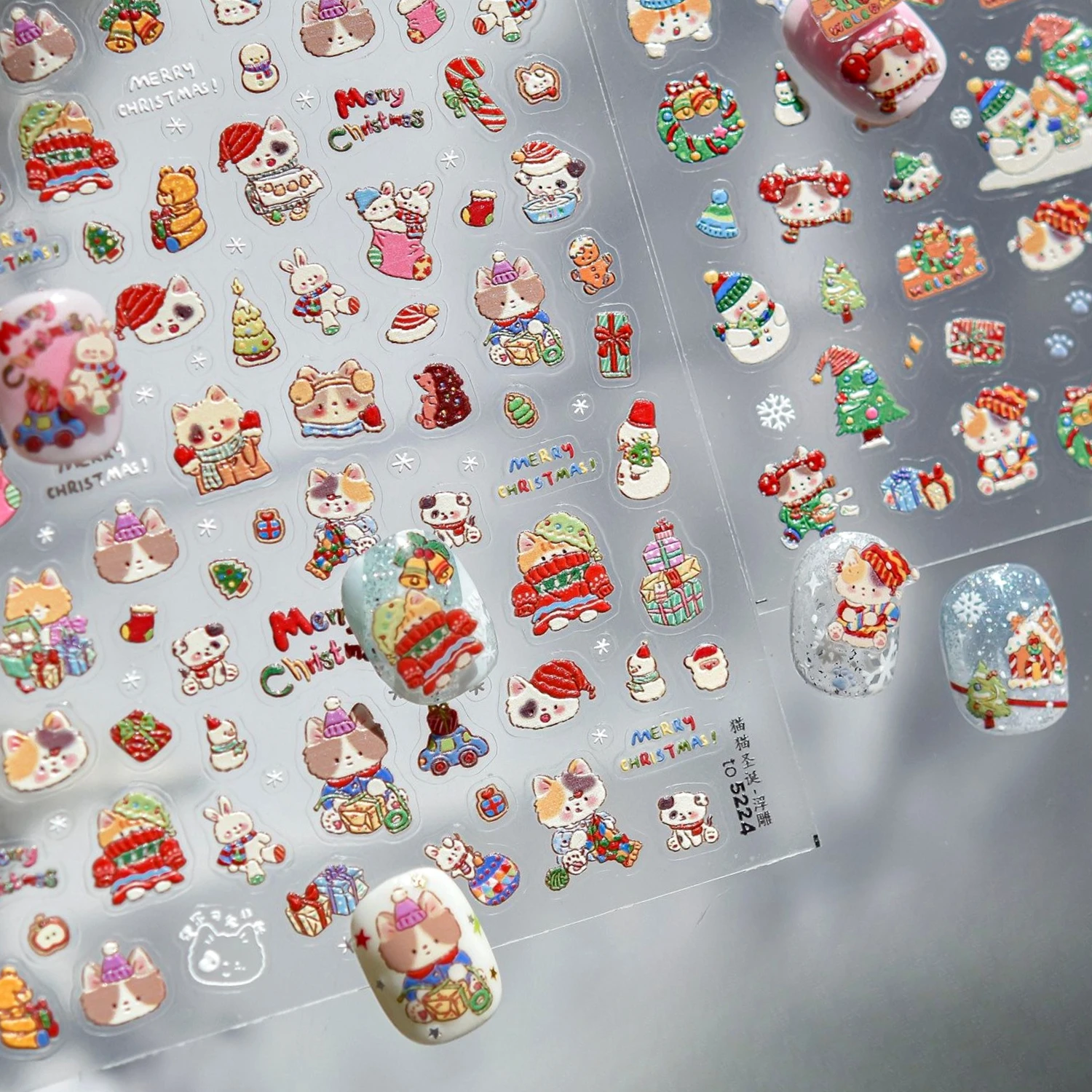 

Cat Bear Bowknot Socks Christmas Tree Rabbit House Snow Tree Snowman 5D Self Adhesive Nail Art Sticker Hat Apple Manicure Decals
